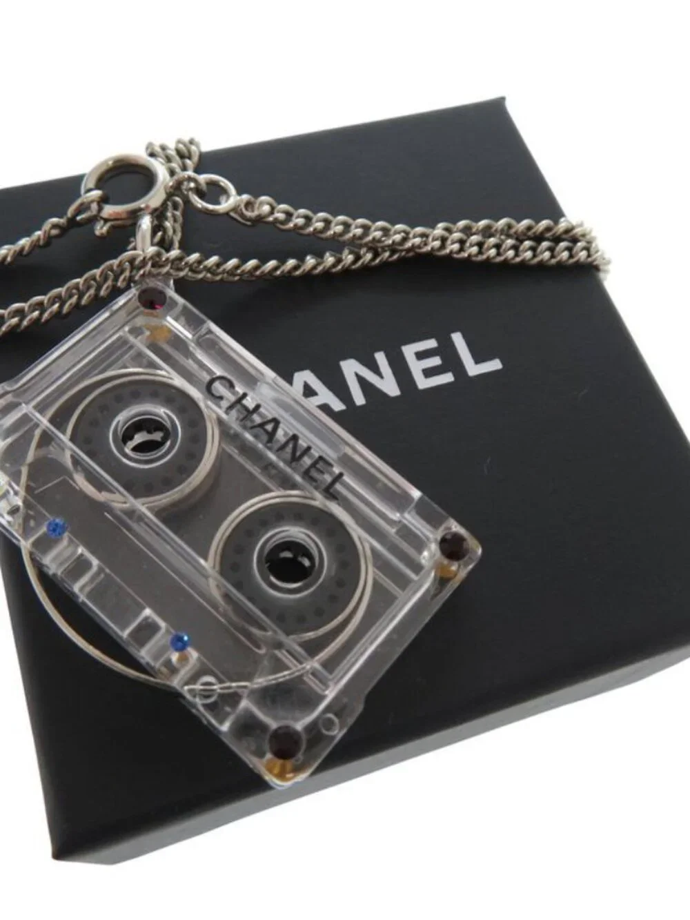 Chanel Cassette Tape Rhinestone Necklace Plastic Clear 1434